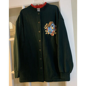 Day Breeze green vintage bird themed crewneck button sweatshirt collared LARGE